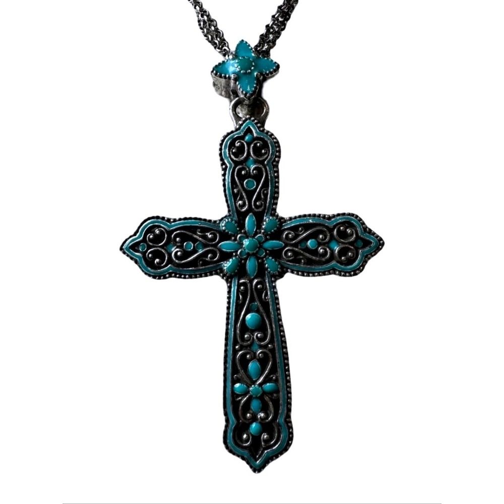 Brighton Silver Turquoise Enamel Filigree Large Cross Double Strand Necklace